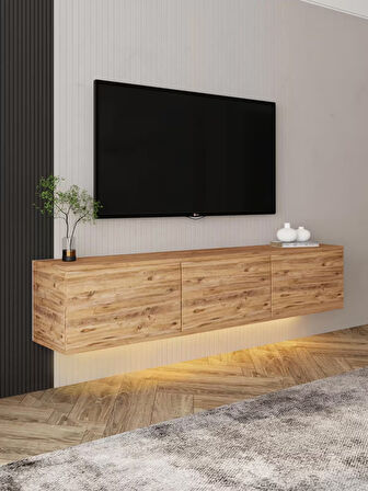 Neon Led Işıklı, Duvara Monte 3 Kapaklı TV Sehpası – 160 cm – Minimal Tasarım, Atlantik Çam