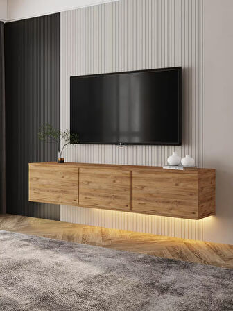 Neon Led Işıklı, Duvara Monte 3 Kapaklı TV Sehpası – 160 cm – Minimal Tasarım, Atlantik Çam