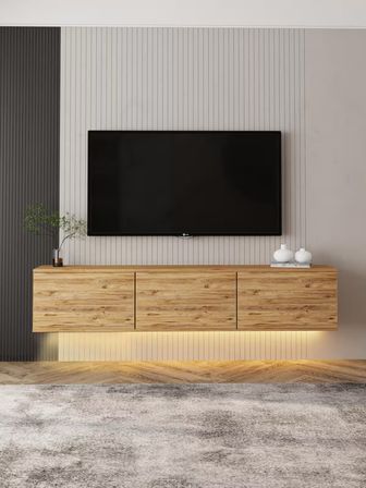 Neon Led Işıklı, Duvara Monte 3 Kapaklı TV Sehpası – 160 cm – Minimal Tasarım, Atlantik Çam