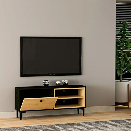 T004 Minimal Tv Sehpası Ahşap Siyah/Safir Meşe