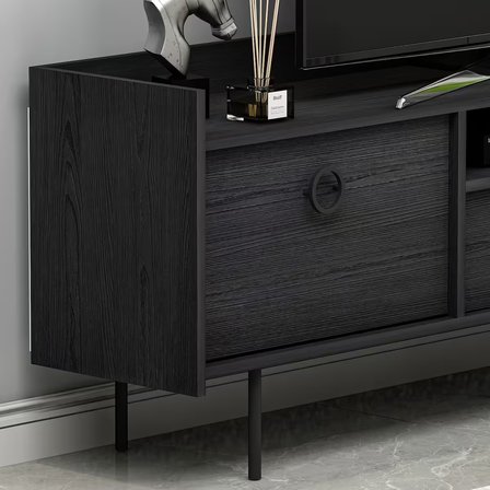 Lidya T0015 Metal Ayaklı, 3 Kapaklı Modern TV Sehpası, Ahşap Desenli Siyah