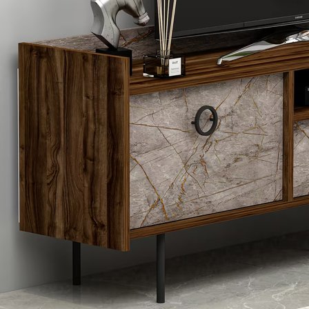 Lidya T0015 Metal Ayaklı, 3 Kapaklı Modern TV Sehpası, Gordion Mermer/Ceviz