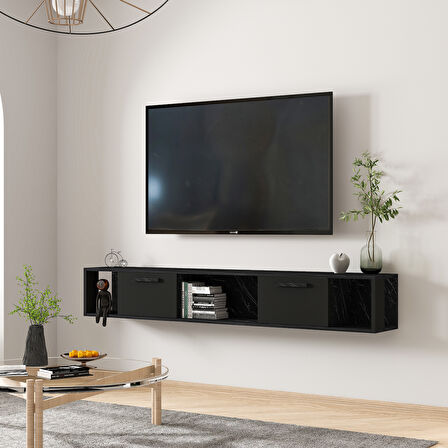 T006 Viero Mermer Desenli Duvara Monte TV Ünitesi – 160 cm, Kapaklı Raflı