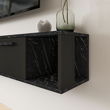 T006 Viero Mermer Desenli Duvara Monte TV Ünitesi – 160 cm, Kapaklı Raflı