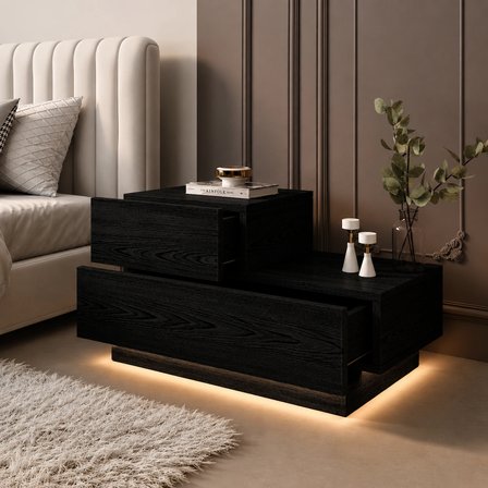 Kayra KMD002 LED Işıklı Komodin – 2 Çekmeceli Modern Tasarım, Ahşap Siyah