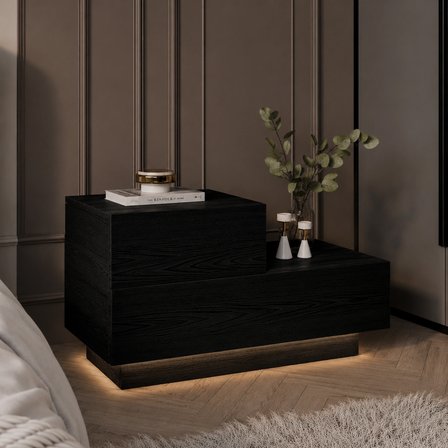 Kayra KMD002 LED Işıklı Komodin – 2 Çekmeceli Modern Tasarım, Ahşap Siyah