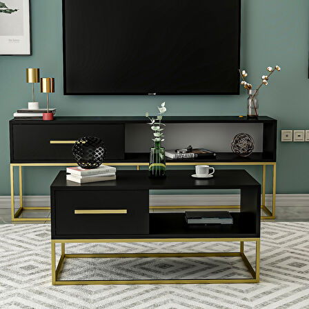 Mira Kapaklı Orta Sehpa, Gold Ayak, Modern Tasarım - 90 cm, Ev-Ofis