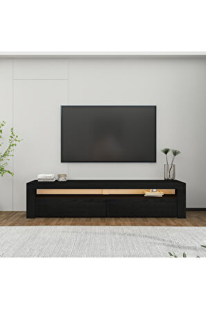 Batı Led Işıklı, 2 Kapaklı Tv Ünitesi, Tv Sehpası Ahşap Siyah