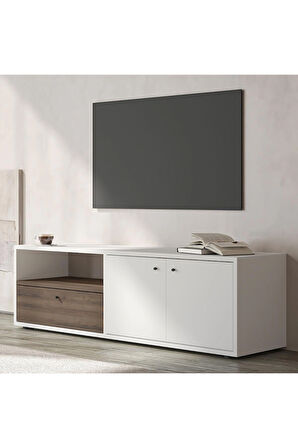 Pao Kapaklı Minimal TV Sehpası – 136 cm, Beyaz/Antik Ceviz