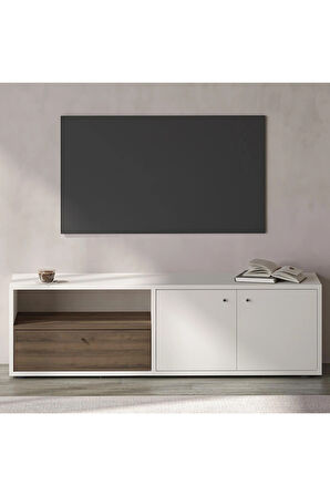 Pao Kapaklı Minimal TV Sehpası – 136 cm, Beyaz/Antik Ceviz