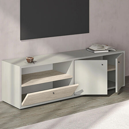 Pao Kapaklı Minimal TV Sehpası – 136 cm, Gri/Traverten