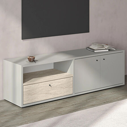 Pao Kapaklı Minimal TV Sehpası – 136 cm, Gri/Traverten