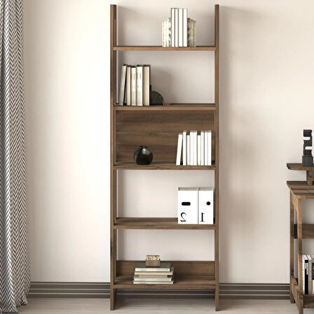 Country Dekoratif 5 Raflı Ev-ofis Kitaplık, Modern Kütüphane Antik Ceviz