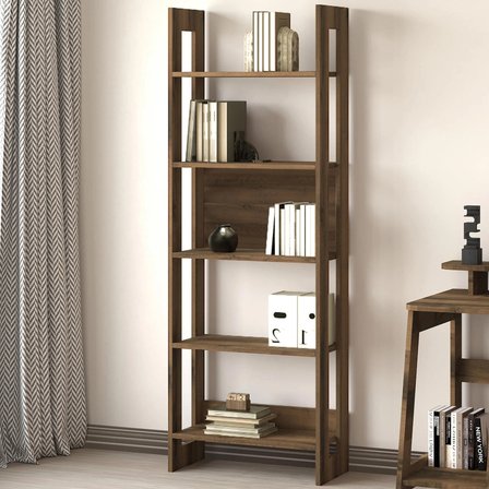 Country Dekoratif 5 Raflı Ev-ofis Kitaplık, Modern Kütüphane Antik Ceviz