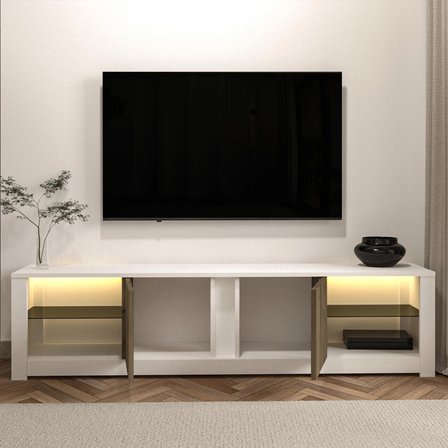 Aydos LED Işıklı Modern TV Sehpası – Cam Raflı, 2 Kapaklı, 180 cm, Beyaz/Antik Ceviz