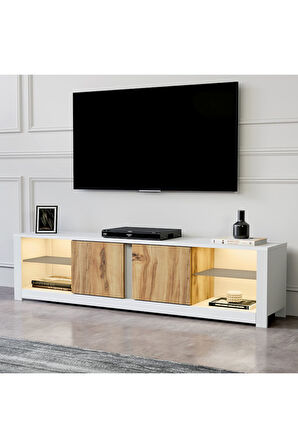 Aydos Işıklı, Cam Raflı Tv Ünitesi Gri/traverten, Kapaklı Tv Sehpası, Ev-ofis