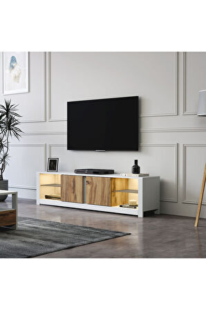 Aydos Işıklı, Cam Raflı Tv Ünitesi Gri/traverten, Kapaklı Tv Sehpası, Ev-ofis