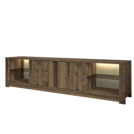 Aydos LED Işıklı Modern TV Sehpası – Cam Raflı, 2 Kapaklı, 180 cm, Antik Ceviz
