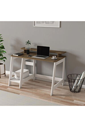Country Ergonomik Çalışma Masası, Modern Bilgisayar Masası, Beyaz-Antik Ceviz