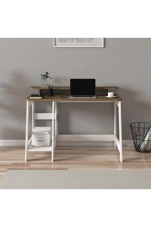 Country Ergonomik Çalışma Masası, Modern Bilgisayar Masası, Beyaz-Antik Ceviz