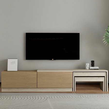 Nest TV Sehpası – Modern Tasarım,2 Kapaklı Depolama ve İkili Zigon Sehpa ile Fonksiyonel Mobilya