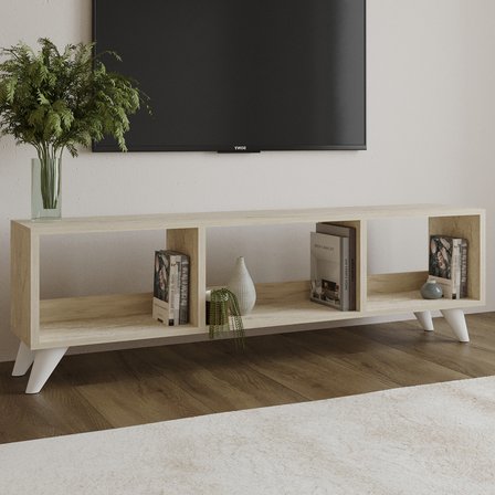 Tina TV Sehpası – 120 cm Açık Meşe Renkli, Retro Tarz Ahşap Ayaklı Minimal TV Sehpası, Traverten