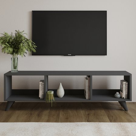 Tina TV Sehpası – 120 cm Açık Meşe Renkli, Retro Tarz Ahşap Ayaklı Minimal TV Sehpası, Antrasit