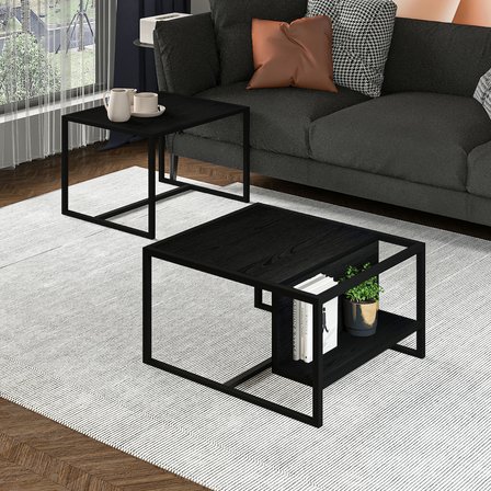 Batı 2’li Modern Orta Sehpa Takımı – Metal Ayaklı, Alt Raflı, Ahşap Desenli Siyah
