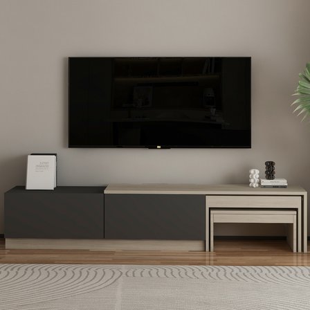 Nest TV Sehpası – Modern Tasarım,2 Kapaklı Depolama ve İkili Zigon Sehpa ile Fonksiyonel Mobilya