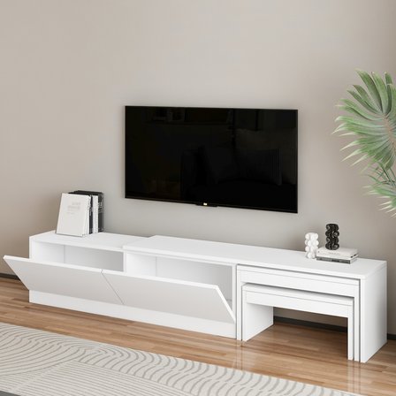 Nest TV Sehpası – Modern Tasarım,2 Kapaklı Depolama ve İkili Zigon Sehpa ile Fonksiyonel Mobilya
