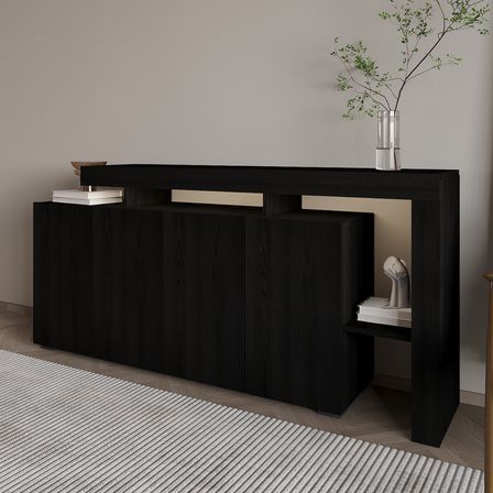 İnarch Dizayn Beliz LED Işıklı Modern Konsol – 170 cm, 4 Kapaklı ve İç Raflı Depolama, Şık Tasarım, Ahşap siyah