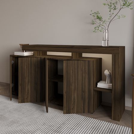 İnarch Dizayn Beliz LED Işıklı Modern Konsol – 170 cm, 4 Kapaklı ve İç Raflı Depolama, Şık Tasarım, Ceviz