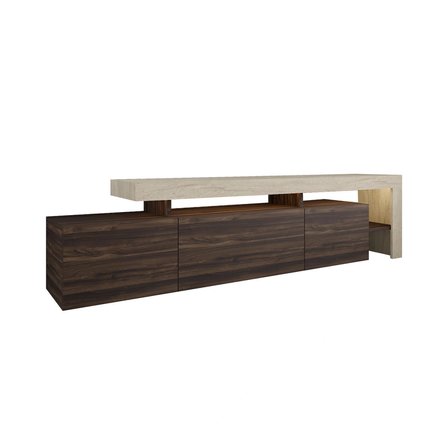Beliz Modern LED Işıklı 3 Kapaklı, Raflı TV Sehpası – 192 cm, Traverten/Ceviz