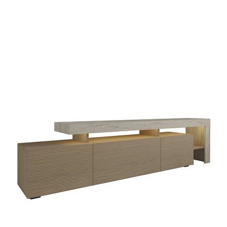 Beliz Modern LED Işıklı 3 Kapaklı, Raflı TV Sehpası – 192 cm, Traverten/Sıcak Meşe