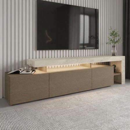 Beliz Modern LED Işıklı 3 Kapaklı, Raflı TV Sehpası – 192 cm, Traverten/Sıcak Meşe