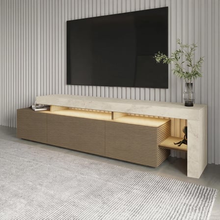 Beliz Modern LED Işıklı 3 Kapaklı, Raflı TV Sehpası – 192 cm, Traverten/Sıcak Meşe