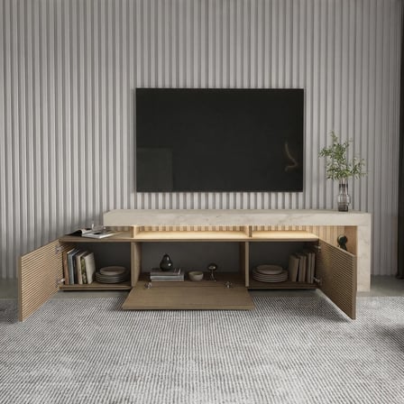 Beliz Modern LED Işıklı 3 Kapaklı, Raflı TV Sehpası – 192 cm, Traverten/Sıcak Meşe