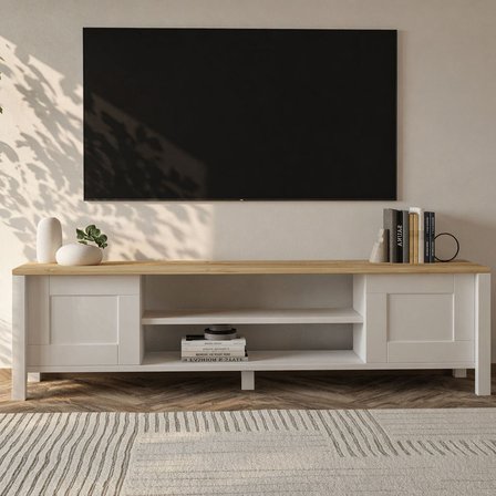 İnarch Dizayn Gina Tv Sehpası – Modern 2 Kapaklı Profil Ayaklı Tasarım, Beyaz/Safir Meşe