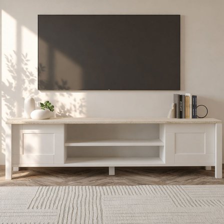 İnarch Dizayn Gina Tv Sehpası – Modern 2 Kapaklı Profil Ayaklı Tasarım, Beyaz/Traverten