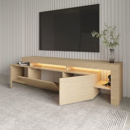 Beliz Modern LED Işıklı 3 Kapaklı, Raflı TV Sehpası – 192 cm, Sıcak Meşe / Safir Meşe