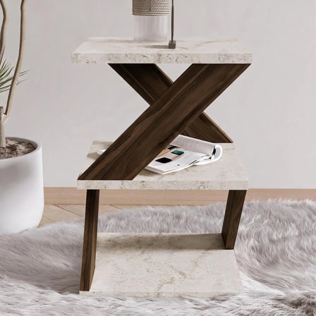 Albeni Z Tasarım 3 Katlı Minimalist Yan Sehpa – 7 Renk Seçeneği – Modern Sehpa, Traverten/Ceviz