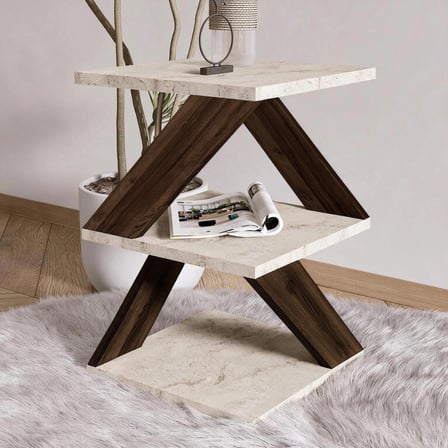 Albeni Z Tasarım 3 Katlı Minimalist Yan Sehpa – 7 Renk Seçeneği – Modern Sehpa, Traverten/Ceviz