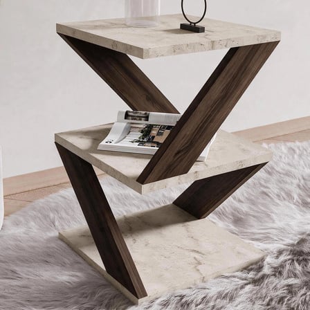 Albeni Z Tasarım 3 Katlı Minimalist Yan Sehpa – 7 Renk Seçeneği – Modern Sehpa, Traverten/Ceviz