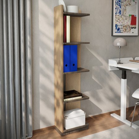 İnarch Dizayn Aura Kitaplık - Modern Fonksiyonel 5 Raflı Kitaplık, Sıcak Meşe/İstanbul Ceviz