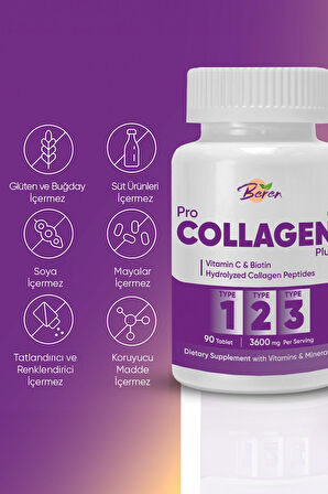 Pro Kolajen Plus Tip 1, 2 Ve 3 Kolajen, Vitamin C, Biotin Ve Çinko Içeren 90 Tablet