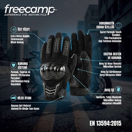 FreeCamp Power Tam Parmak Motosiklet Eldiveni EN 13594-SİYAH-GRİ