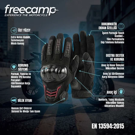 FreeCamp Power Tam Parmak Motosiklet Eldiveni EN 13594-SİYAH-KIRMIZI