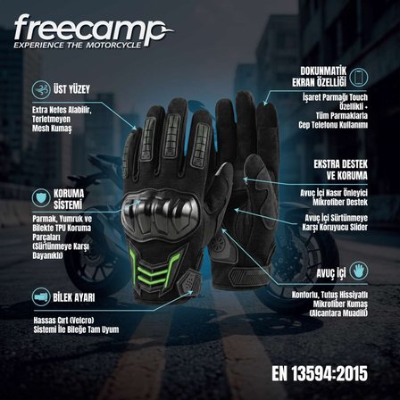 FreeCamp Power Tam Parmak Motosiklet Eldiveni EN 13594-SİYAH-YEŞİL