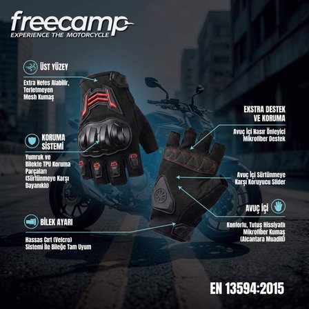 FreeCamp Power Yarım Parmak Motosiklet Eldiveni EN 13594-SİYAH-KIRMIZI
