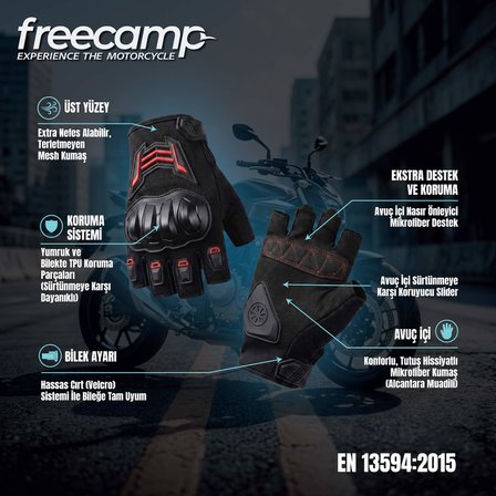 FreeCamp Power Yarım Parmak Motosiklet Eldiveni EN 13594-SİYAH-KIRMIZI